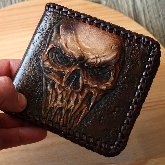 Handmade Leather Skull Tooled Long Mens Chain Biker Wallet Cool Leathe –  iChainWallets