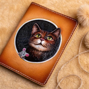 Cat wallet, Leather passport wallet. Hand-tooled wallet. Pet portrait passport cover, Cat passport cover, custom cat portrait from foto. image 1