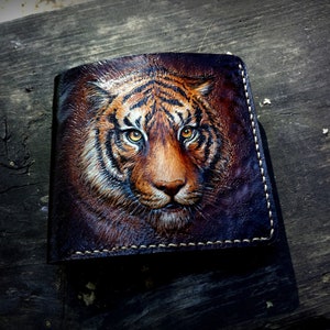 Leather wallet, Tiger wallet, Hand tooled wallet, hand carved walet, leather men's wallet, custom wallet, mens gift image 2
