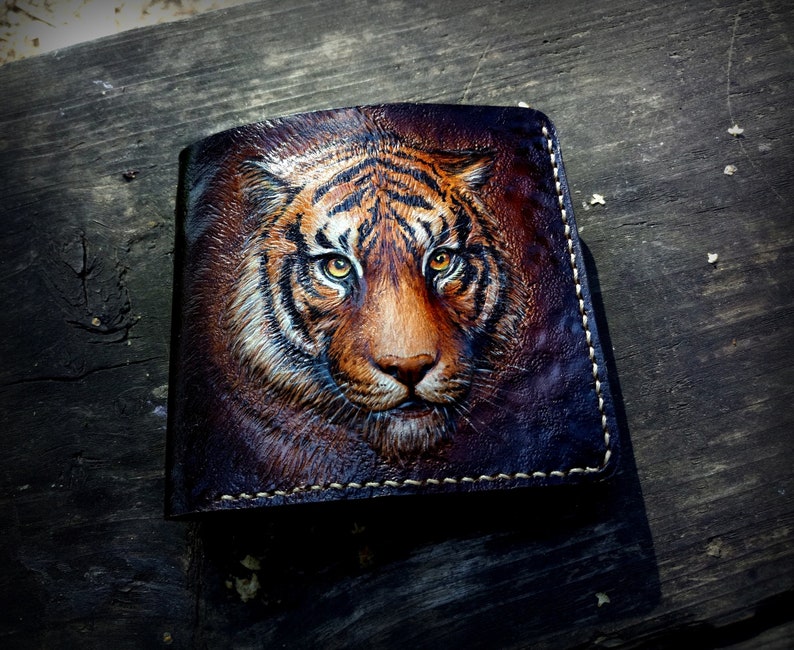 Leather wallet, Tiger wallet, Hand tooled wallet, hand carved walet, leather men's wallet, custom wallet, mens gift image 2