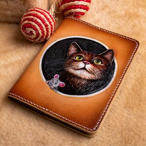 Cat wallet, Leather passport wallet. Hand-tooled wallet. Pet portrait passport cover, Cat passport cover, custom cat portrait from foto. image 6