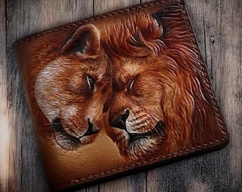 Lion wallet Leather wallet Hand Carved  wallet Lion couple Unique Engraved Leather Wallet leather purse custom wallet. gift for lover