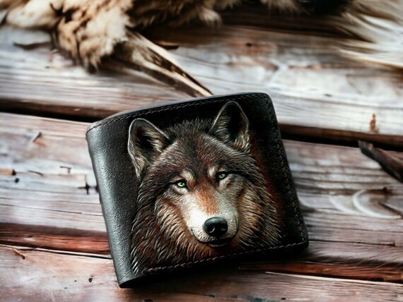 Men's Wolf Wallet, Hand-Tooled Leather, Carved Design, Gift for Him, Carved Wallet, Wolf Gifts for Men, Wolf Design Men's Wolf Wallet, Hand-Tooled Leather, Carved Design, Gift for Him, Carved Wallet, Wolf Gifts for Men, Wolf Design