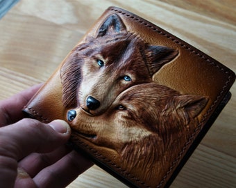 Ukraine wallet, Leather tooled wallet "Wolf Couple", Hand-tooled leather wallet, carved wallet, custom wallet, leather men's wallet