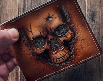 Handbemalte Totenkopf Leder Geldbörse: Geschnitzte Biker Geldbörse