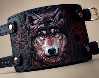 Hand Tooled Leather Wolf Cuff Bracelet, Viking Biker Wristband, Hand-Carved Wolf Design