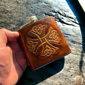 Handcrafted Celtic Cross Leather Hip Flask - Stainless Steel