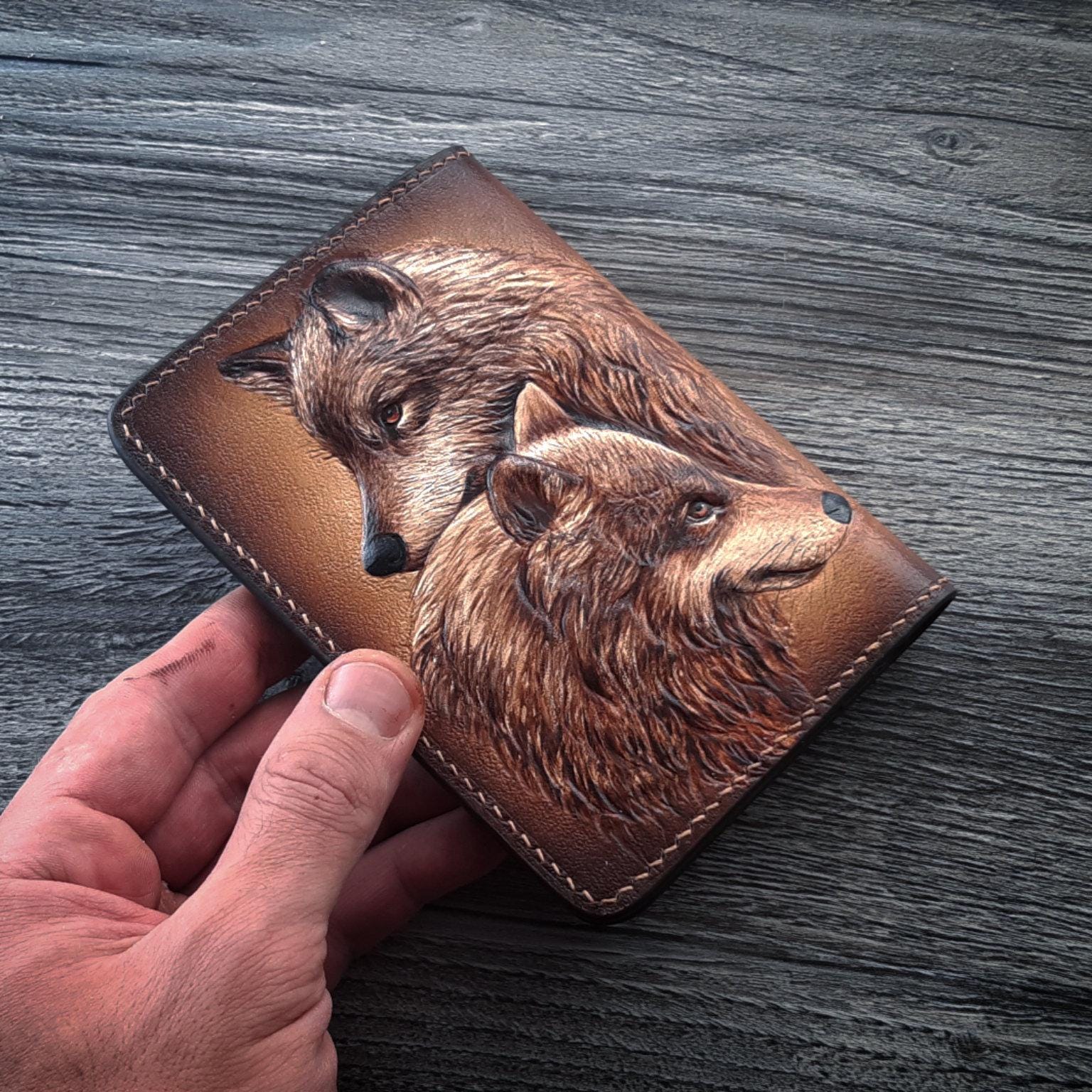 Hand-tooled Leather Wolf Wallet: Carved Bifold Wallet, Mens Gift 