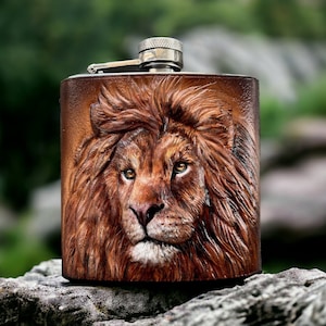 Handcrafted Leather Hip Flask: Carved Lion, Stainless Steel