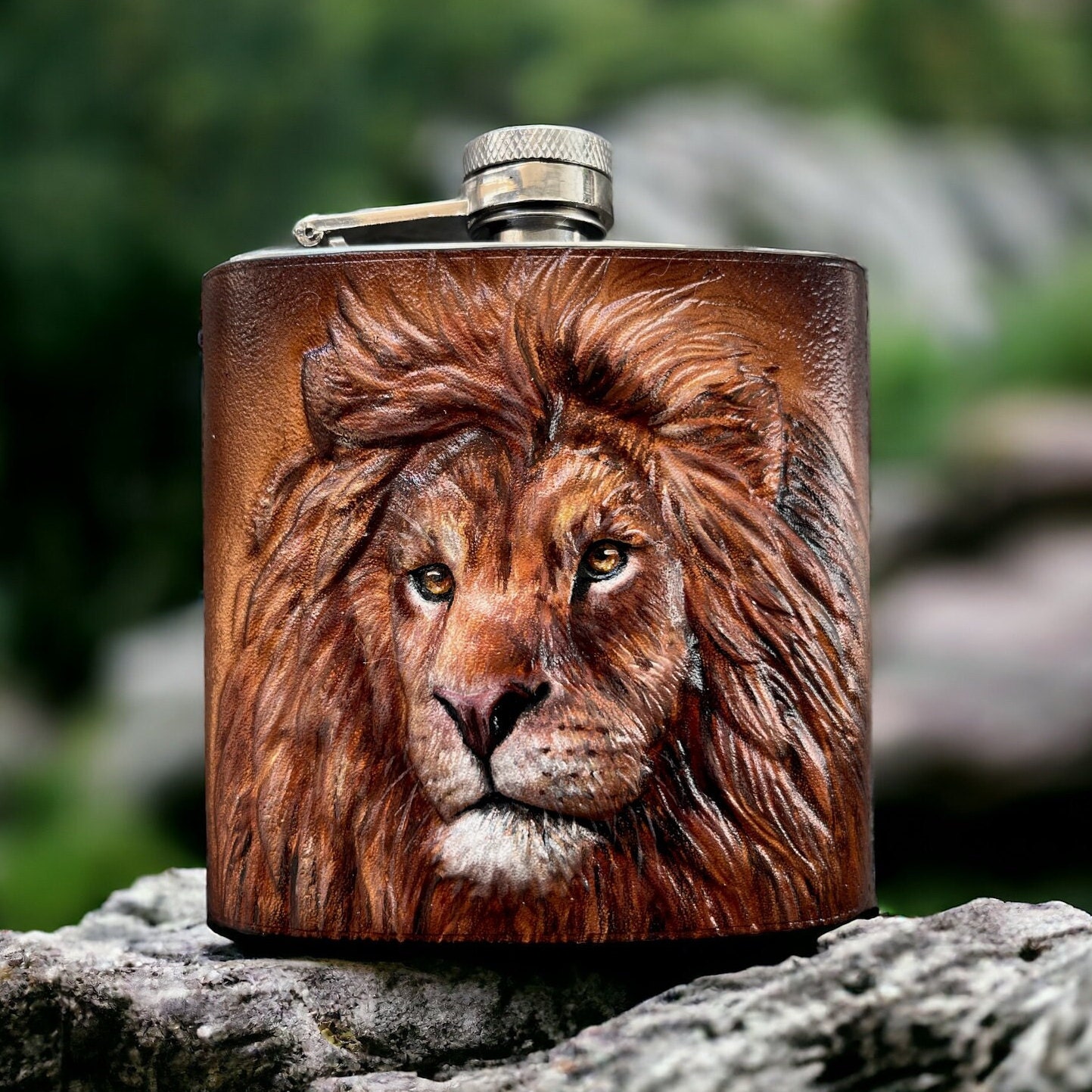 Carved Leather Flask, Lion flask Tooled Leather flask Handcrafted leather bound Stainless steel drinking flask. Hip Flask. Gift for him