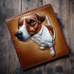Hondenportemonnee, leren kaarthouder met bewerkte hond. Creditcardhouder. portemonnee met gereedschap. Gepersonaliseerde kaarthouder Herencadeau