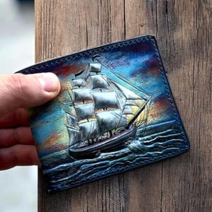 Cartera de barco. Cartera de barco de cuero labrado a mano, cartera de velero, cartera tallada, cartera de marinero, cartera personalizada, regalo para hombre, cartera de mar.