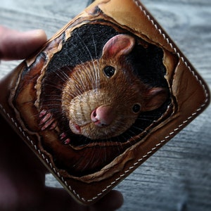 Leather wallet, Hand tooled leather wallet with a nice little mouse, tooled wallet, hand-carved walet, custom wallet, mens gift image 2