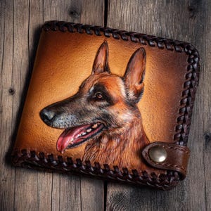 Carteira de couro. Carteira de cachorro. Carteira de pastor alemão feita à mão. Carteira masculina. Carteira trançada. Carteira personalizada, presente masculino, carteira para amantes de cachorro