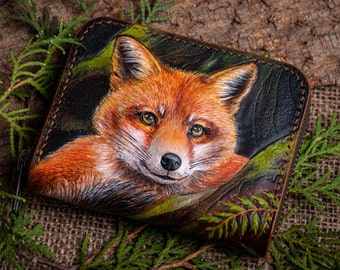 Fox wallet Hand-tooled wallet leather wallet leather purse with red fox lady wallet red fox purse woman's zip wallet. Valentine's Day gifts