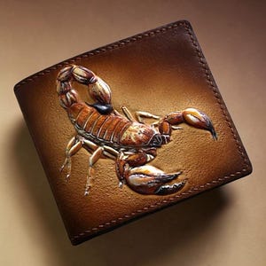 Pode incluir: Carteira de couro castanho com um design de escorpião em relevo. O escorpião é detalhado em tons de castanho e bege. A carteira tem uma borda costurada e um design clássico de duas dobras.