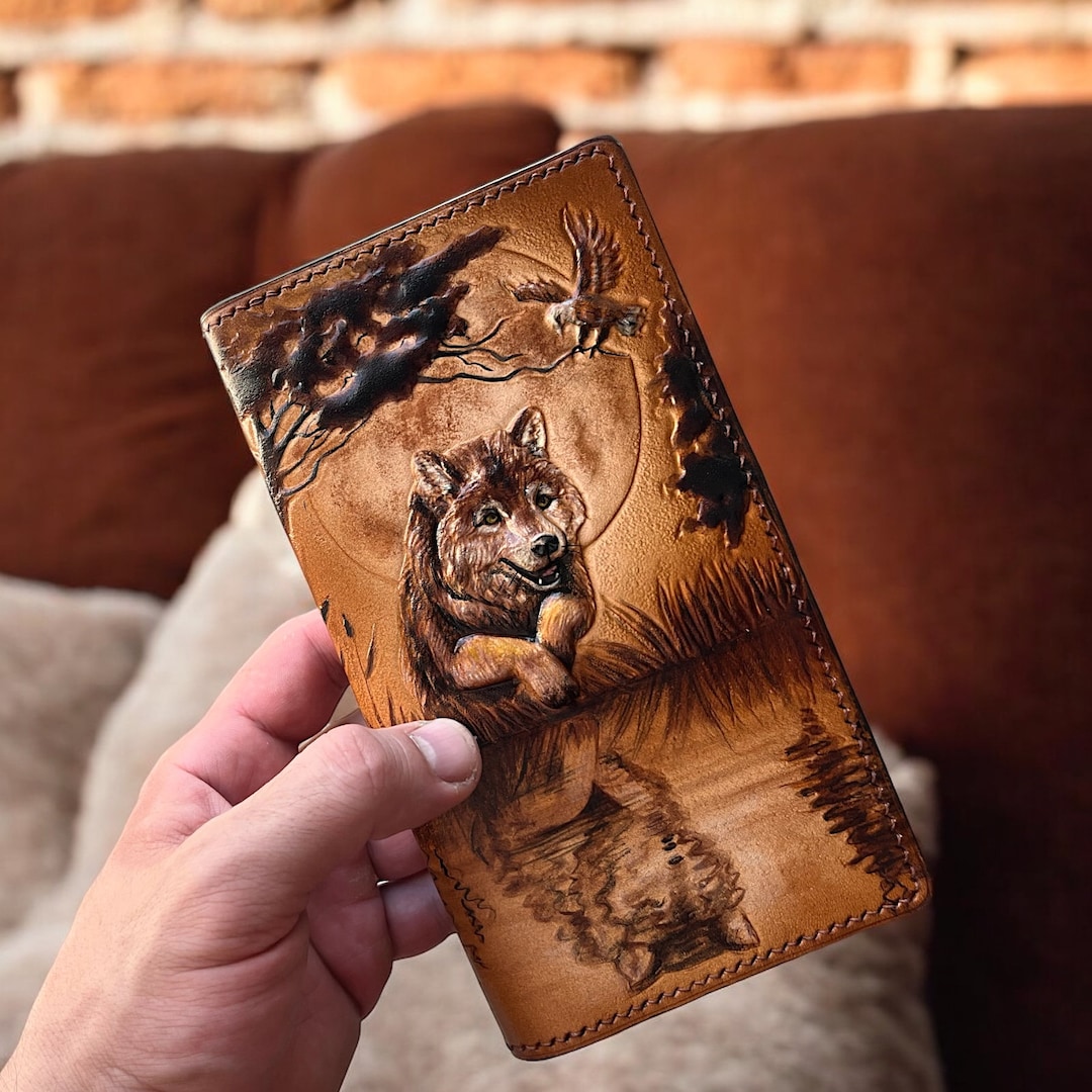 Wolf Wallet. Long Wallet, Leather Wallet, Hand Tooled Wallet Wolf Wallet. Long Wallet, Leather Wallet, Hand Tooled Wallet