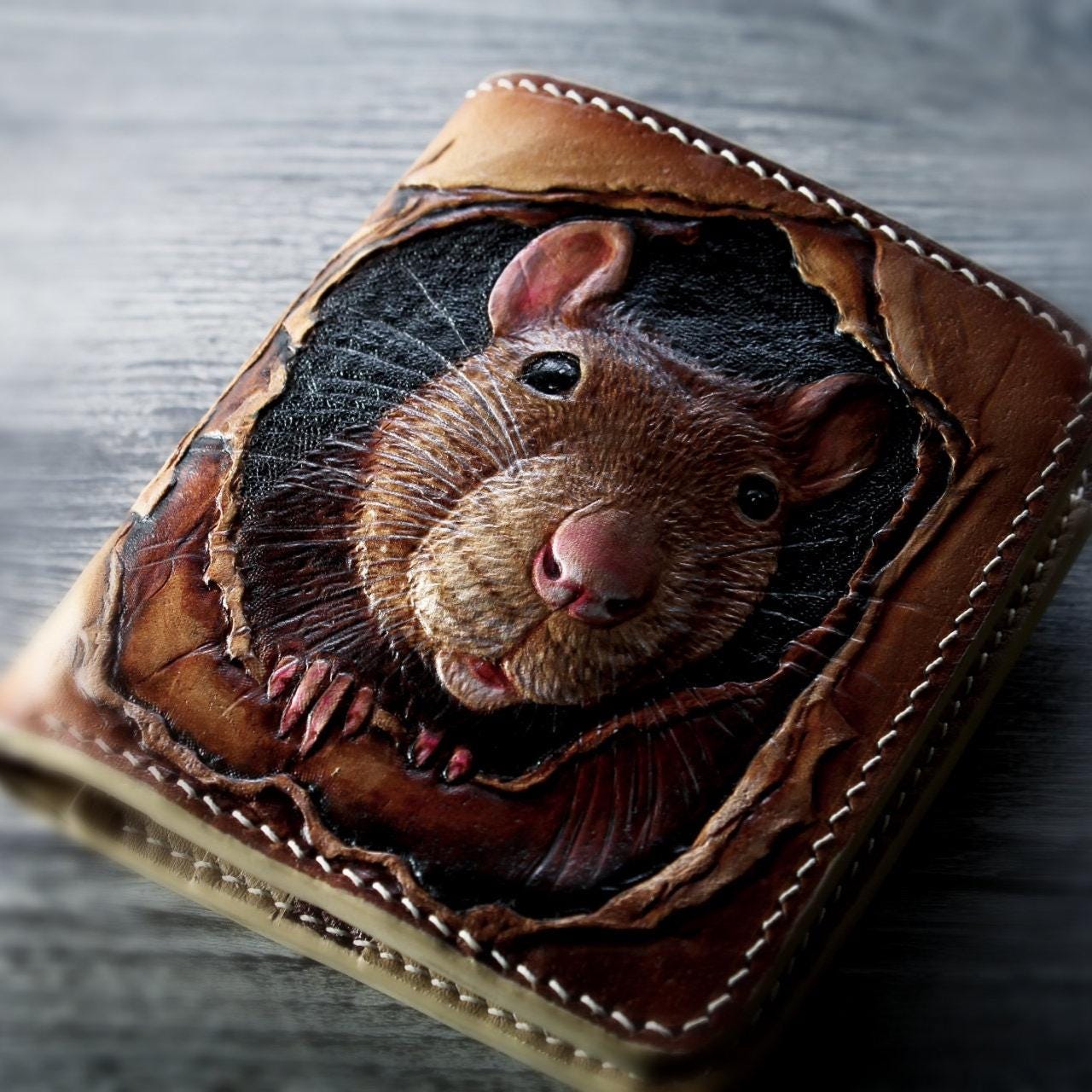 Mouse Wallet Pattern Hand Tooled Leather Wallet With Mouse Carving, Vegetable-tanned Genuine ...