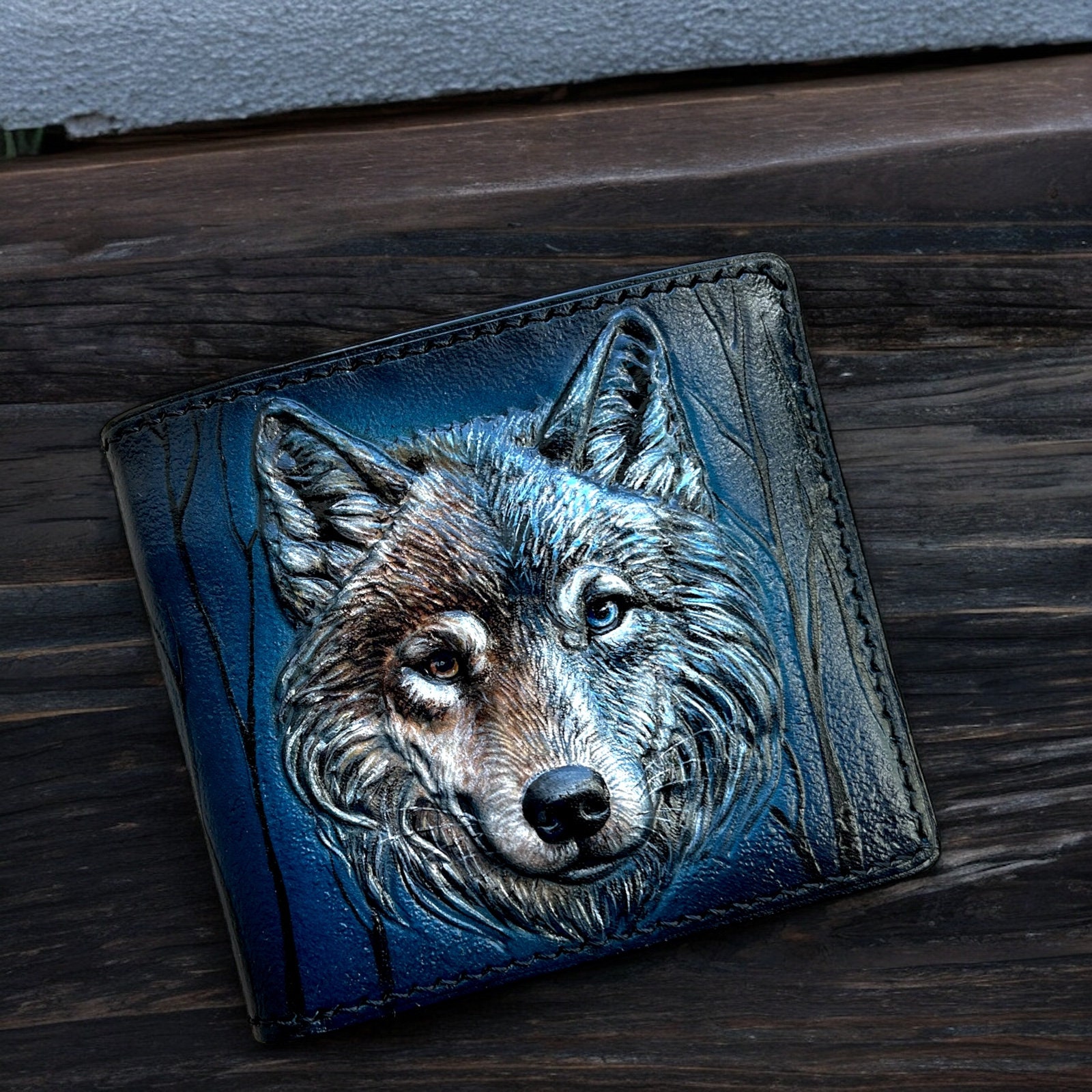 S*G様 LEATHER WOLF バイカーズウォレット&ウォレットフォルダ Hand-tooled Leather Wolf Wallet: Carved Bifold Wallet - Etsy