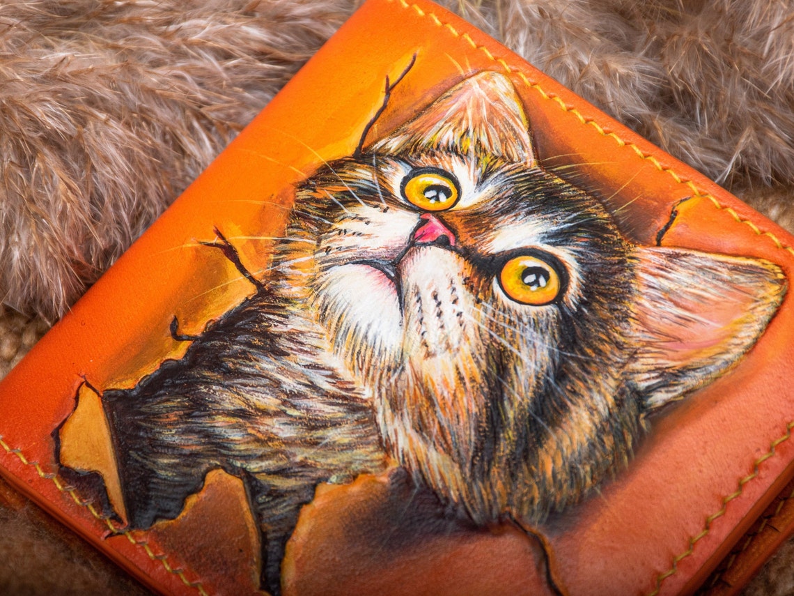 Leather wallet cat wallet Hand tooled leather wallet hand Etsy