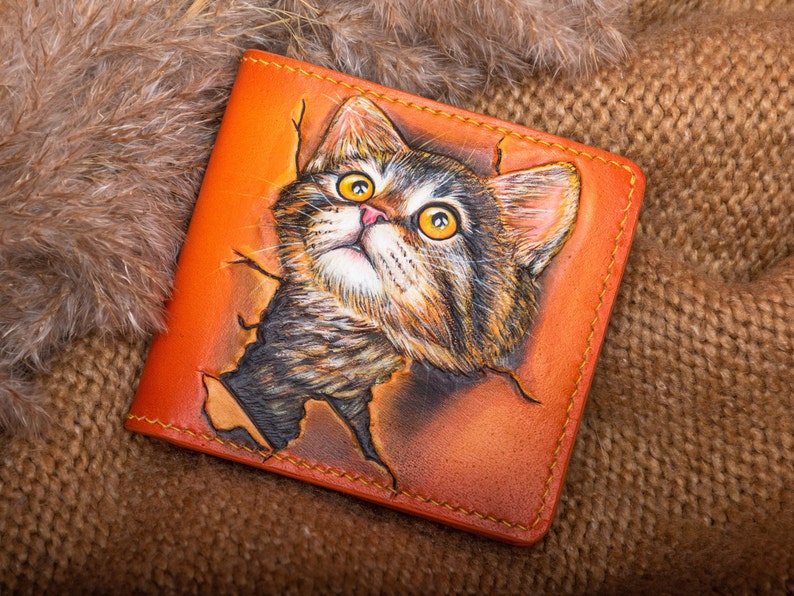 Leather Wallet Cat Wallet Hand Tooled Leather Wallet Hand Etsy