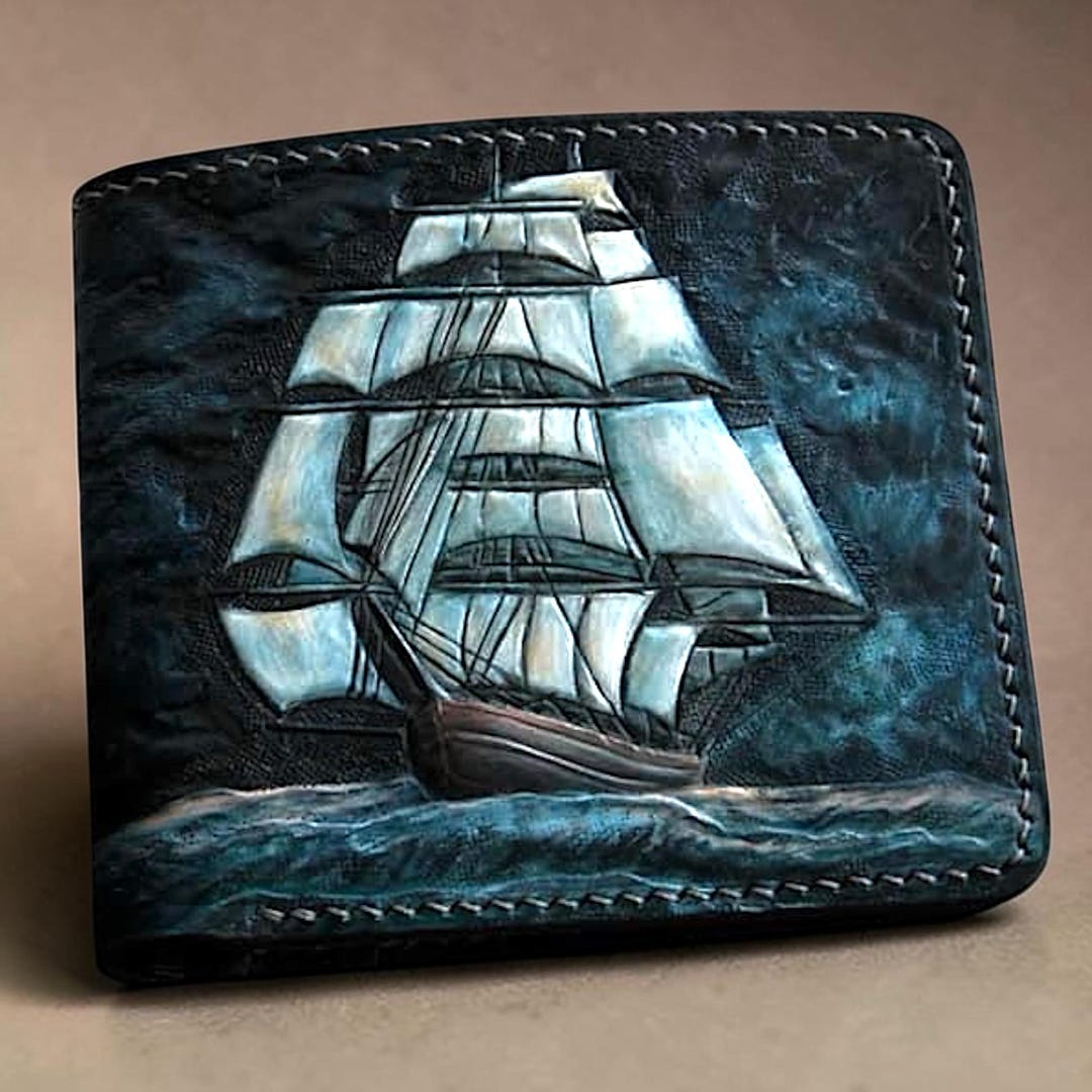 Boat Sticker Wallet Hand-tooled Leather Ship Wallet: Carved Sailboat, Sailor Gift - Etsy