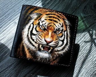 Tiger wallet, Leather wallet, Hand-tooled leather wallet, biker wallet, tooled wallet, carved wallet, mens wallet, mens gift