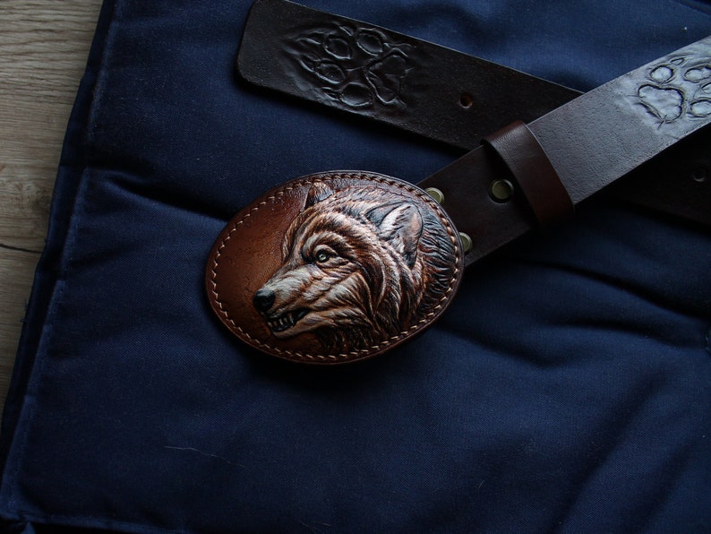 Genuine Leather Belt & WOLF Leather Buckle Custom leather belt Personalized Tooled Leather Belt Western belt, mens western belt, cowboy belt image 9