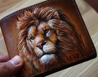 Lion Leather Bifold Wallet, Hand Tooled Carved Animal Mens Wallet