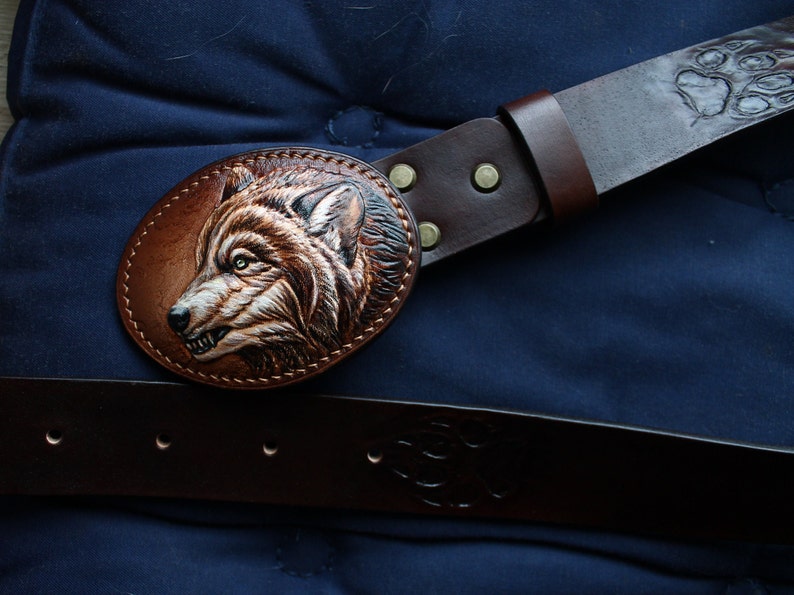 Genuine Leather Belt & WOLF Leather Buckle Custom leather belt Personalized Tooled Leather Belt Western belt, mens western belt, cowboy belt image 10