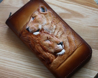 Lion wallet, Leather wallet Lion couple, Hand-tooled wallet, hand-carved wallet, custom women's wallet.