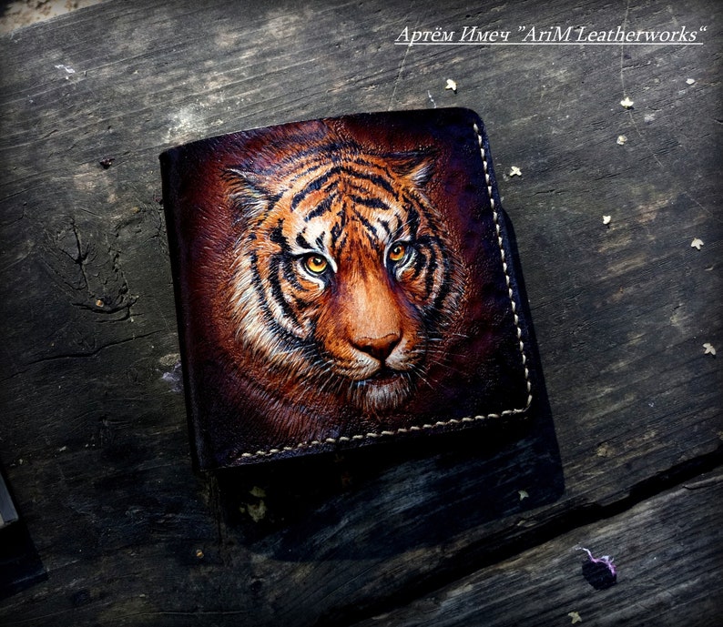 Leather wallet, Tiger wallet, Hand tooled wallet, hand carved walet, leather men's wallet, custom wallet, mens gift image 6