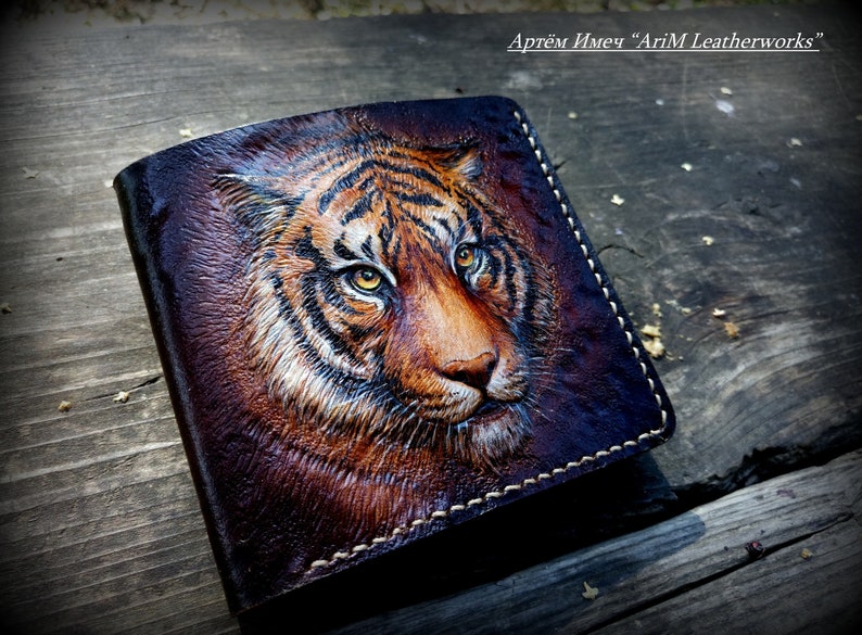 Leather wallet, Tiger wallet, Hand tooled wallet, hand carved walet, leather men's wallet, custom wallet, mens gift image 5