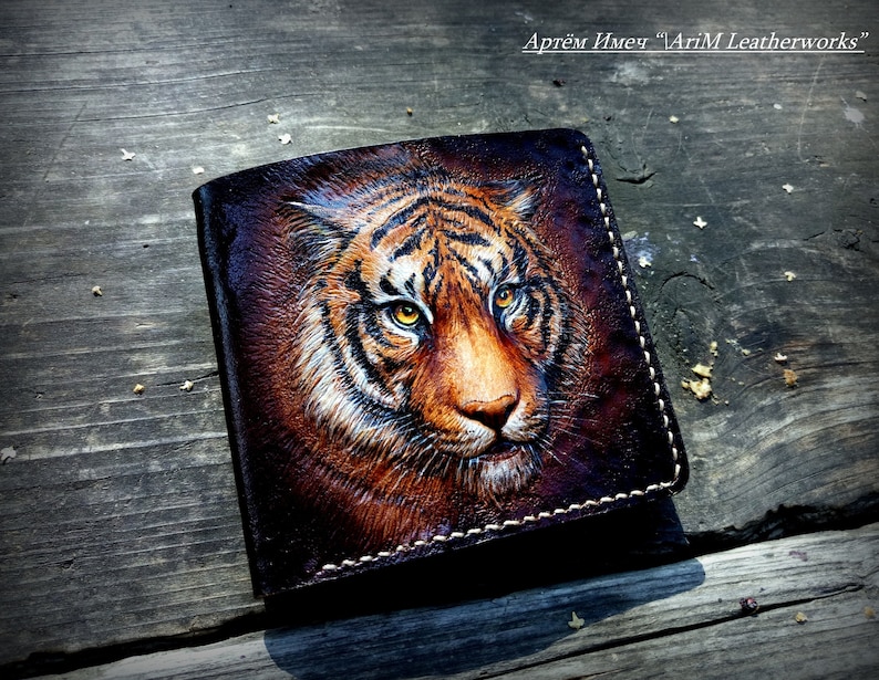 Leather wallet, Tiger wallet, Hand tooled wallet, hand carved walet, leather men's wallet, custom wallet, mens gift image 4