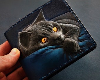 Leather wallet. Hand-tooled wallet with cute cat. hand-carved, hand-painted walet, custom wallet, pet parent gift, Pet portrait.