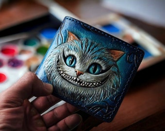 Cheshire cat wallet Leather wallet Carved wallet Alice in Wonderland Designer wallet Credit card holder wallet Cute small wallets for women