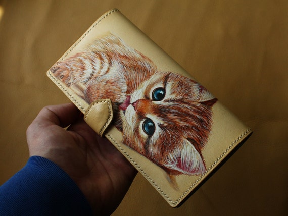 Leather Wallet Hand Painted Long Leather Wallet. Cat Wallet. 