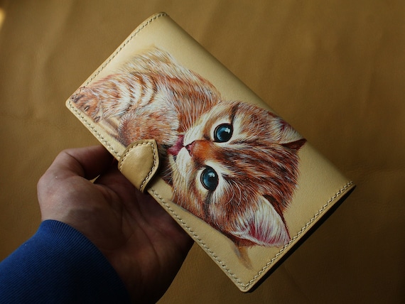 Leather Wallet Hand Painted Long Leather Wallet. Cat Wallet. 