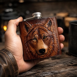 Hand-Tooled Leather Wolf Flask, Stainless Steel Hip Barware, Rustic Outdoor Accessory