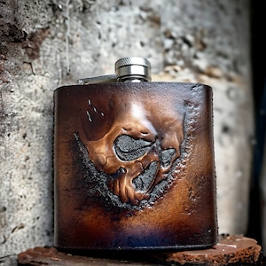 Handcrafted Leather Skull Whiskey Flask - Stainless Steel Hip Flask