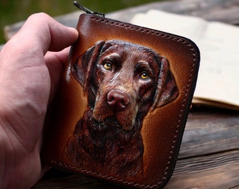 Leather wallet. Dog wallet. Hand-tooled wallet. Labrador wallet. Pet portrait wallet. custom wallet, mens gift, dog lovers gift.