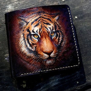 Leather wallet, Tiger wallet, Hand tooled wallet, hand carved walet, leather men's wallet, custom wallet, mens gift image 1