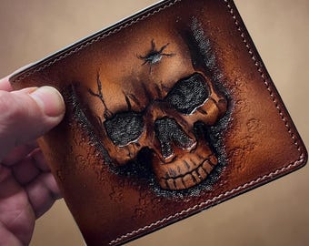 Hand Tooled Leather Skull Bifold Wallet, Gothic Biker Accessory