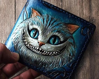 Cartera de gato de Cheshire Cartera de cuero Cartera tallada Alicia en el país de las maravillas Cartera de diseño Cartera porta tarjetas de crédito Lindas carteras pequeñas para mujer