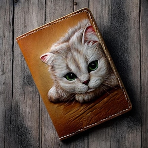 Pet portrait leather passport cover, Hand-tooled Cat passport wallet Custom cat portrait from foto, pet parent  gift.