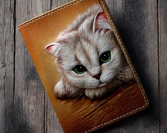 Funda de pasaporte de cuero con retrato de mascota, billetera para pasaporte de gato hecha a mano, retrato de gato personalizado a partir de una foto, regalo para padres de mascotas.