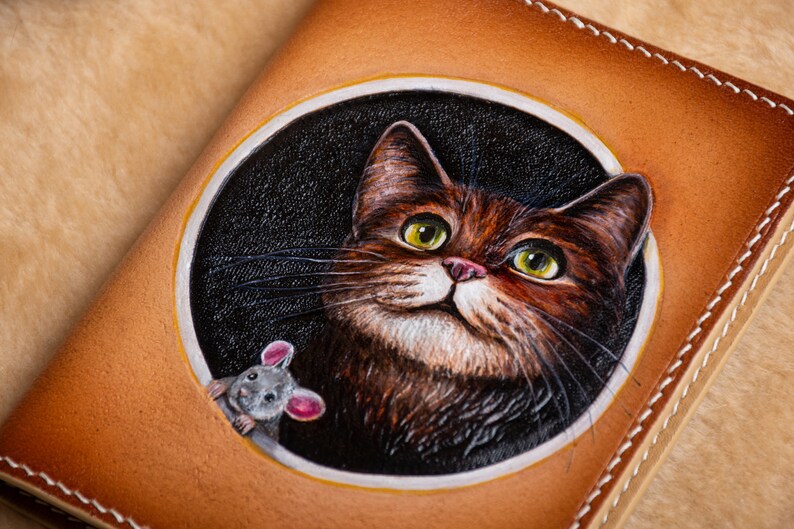 Cat wallet, Leather passport wallet. Hand-tooled wallet. Pet portrait passport cover, Cat passport cover, custom cat portrait from foto. image 2