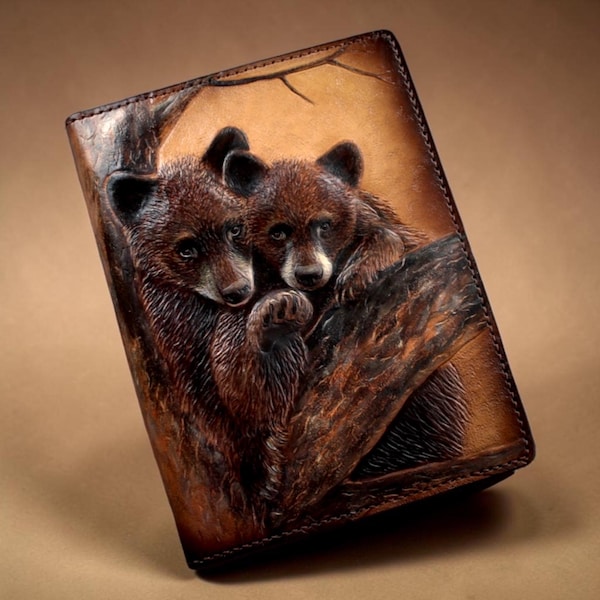 Hand-Tooled Leather Bears Notebook Cover: Personalized A5 Journal