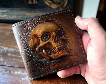 Hand Tooled Leather Skull Wallet for Men, Biker Gothic Motorcycle