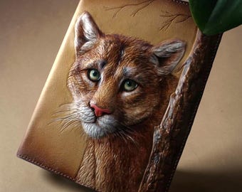 Hand Tooled Leather A5 Journal Cover, Lioness Carved Planner Binder, Gift for Her